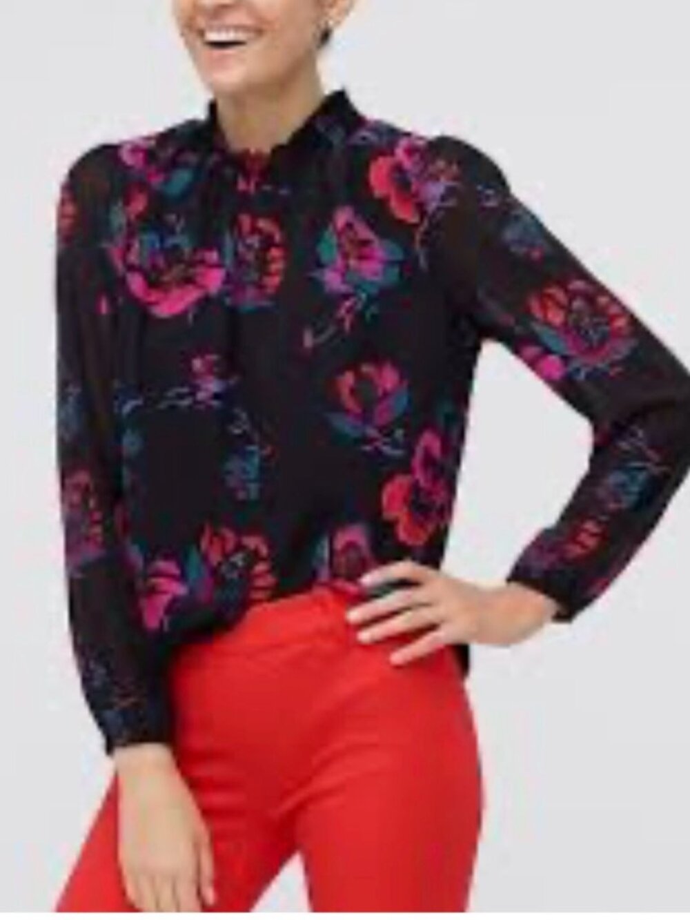 J.Crew Black Pink Floral Smocked Mock Neck Blouse XXS